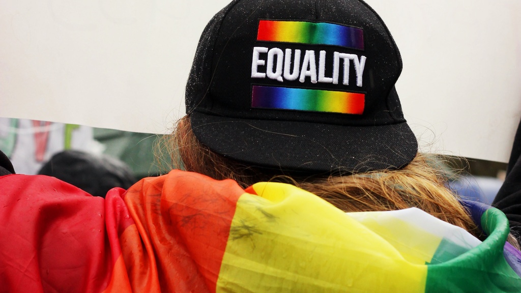 Person with rainbow flag and "Equality" cap