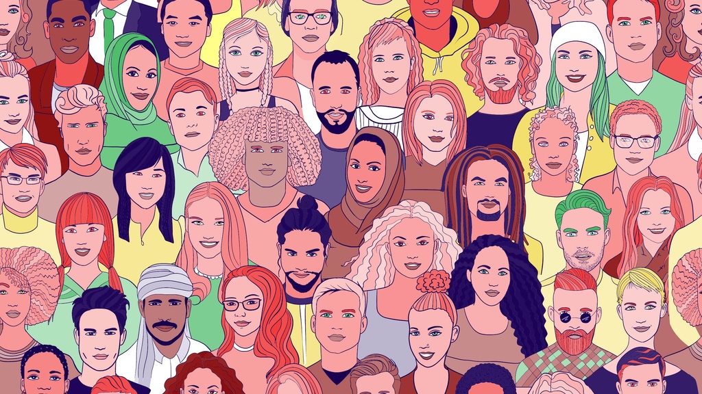 Illustration of people of various colors, ages, sexes, nationalities