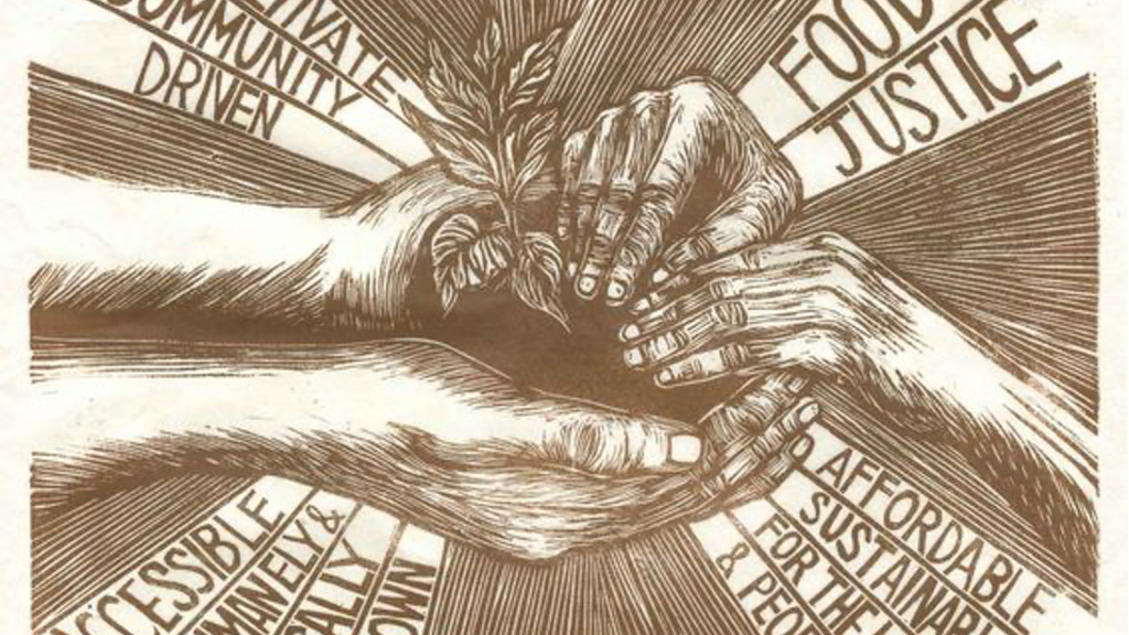 Illustration of hands reaching toward center with "food justice" written on the forearms